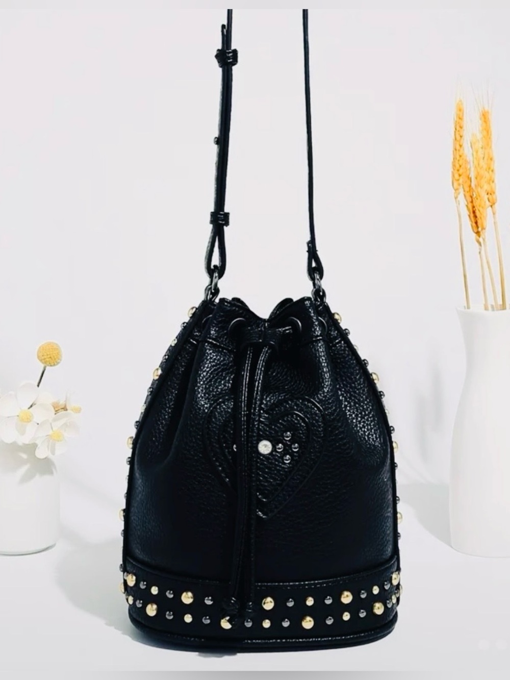 New -Fun ! Large Capacity -Faux Leather Bucket Bag w/Gold Studs & Heart Detail
